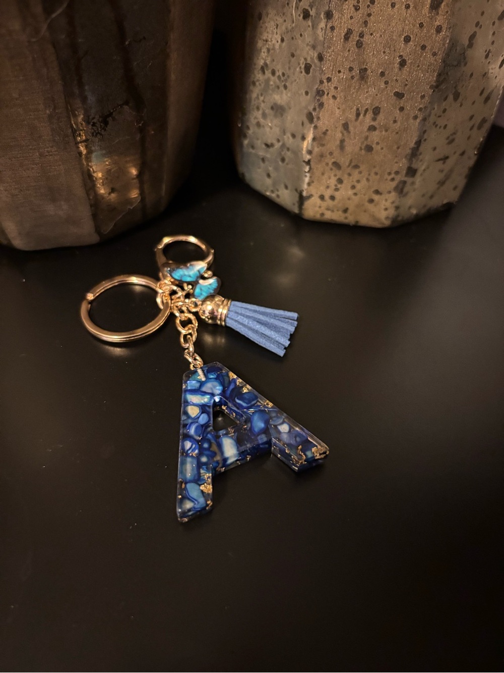 Handmade Blue & Gold Resin Initial "A”Keychain with Tassel & Butterfly Charm🦋